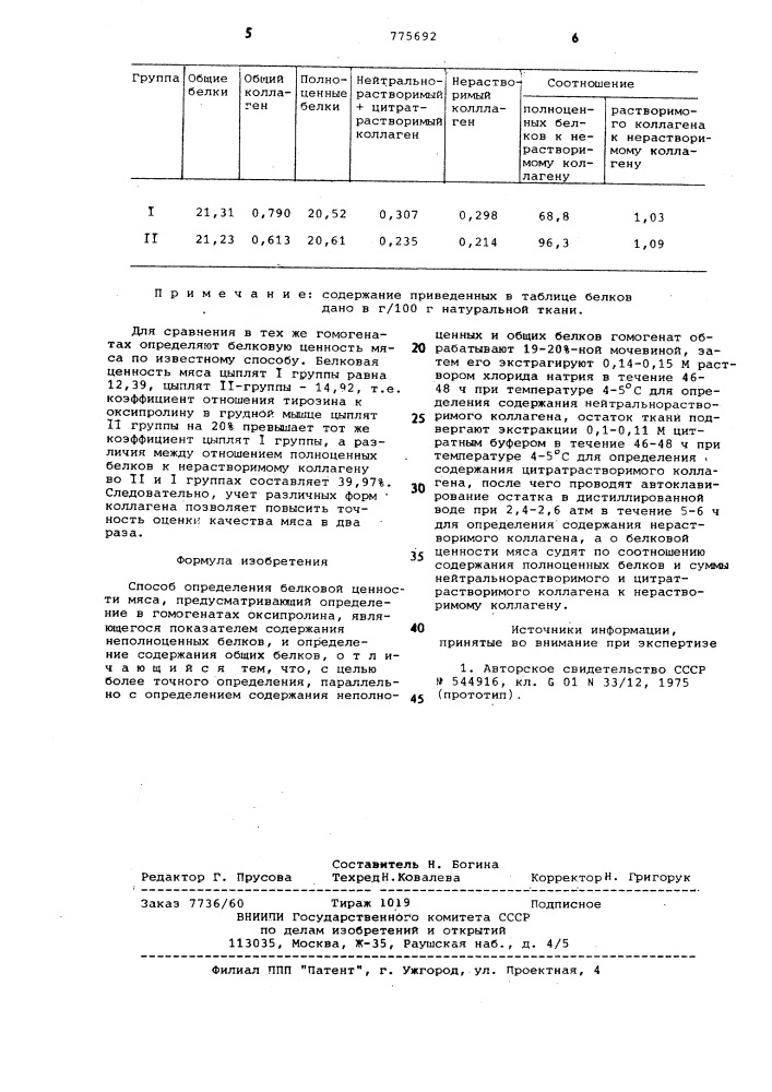 Способ определения белковой ценности мяса (патент 775692)