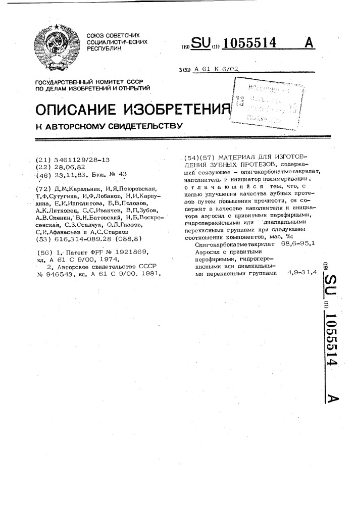 Материал для изготовления зубных протезов (патент 1055514)