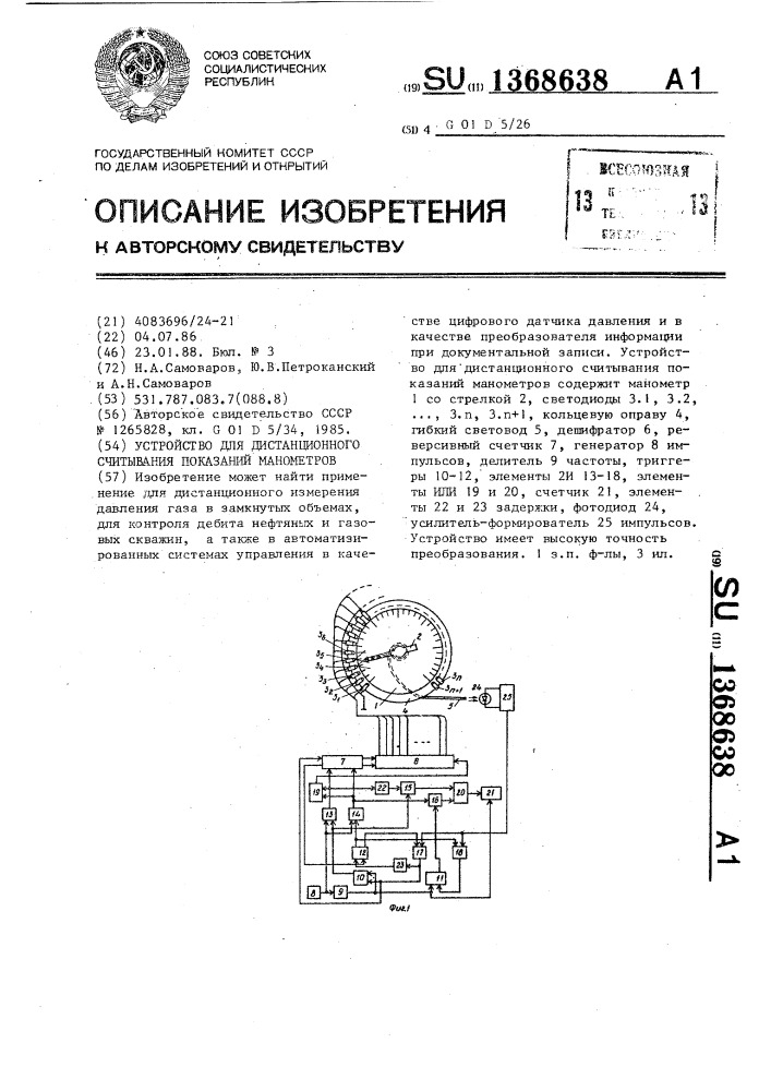 Устройство для дистанционного считывания показаний манометров (патент 1368638)