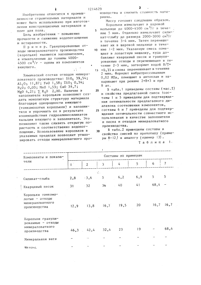 Композиция для изготовления строительных материалов (патент 1214629)