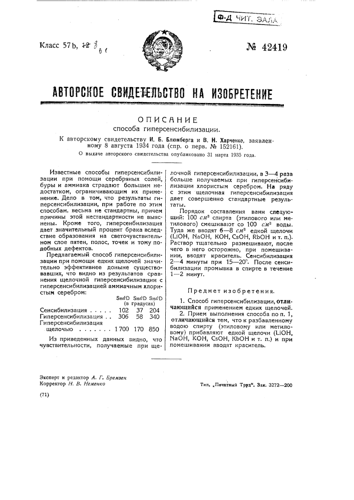 Способ гиперсенсибилизации (патент 42419)