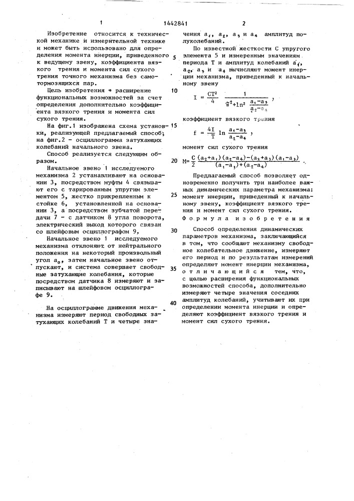 Способ определения динамических параметров механизма (патент 1442841)