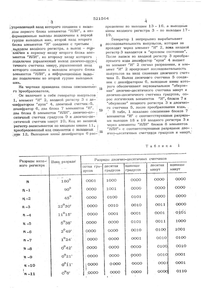 Преобразователь двоичного кода в двоично-десятичный код градусов и минут (патент 521564)