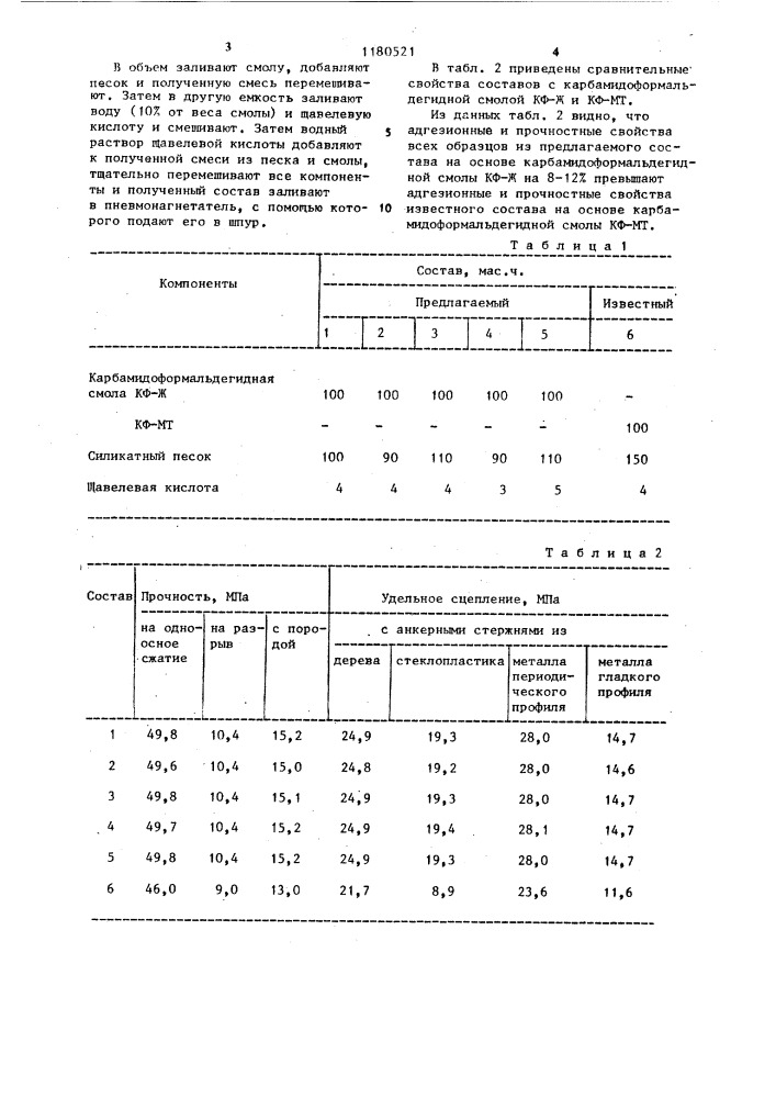 Состав для закрепления армирующих стержней в шпурах (патент 1180521)