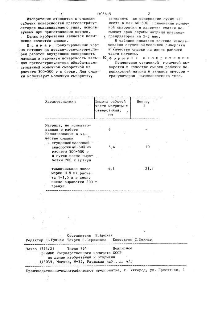 Смазка рабочих поверхностей матрицы и вальцов прессов- грануляторов выдавливающего типа (патент 1308615)