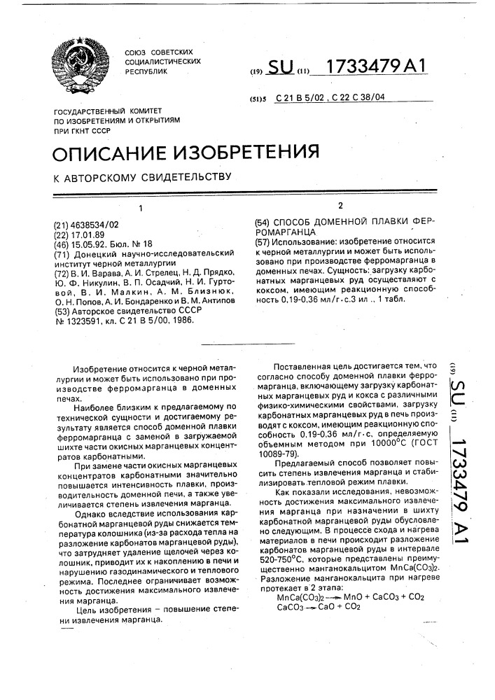Способ доменной плавки ферромарганца (патент 1733479)