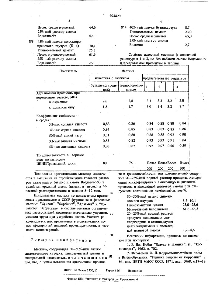 Мастика (патент 605820)