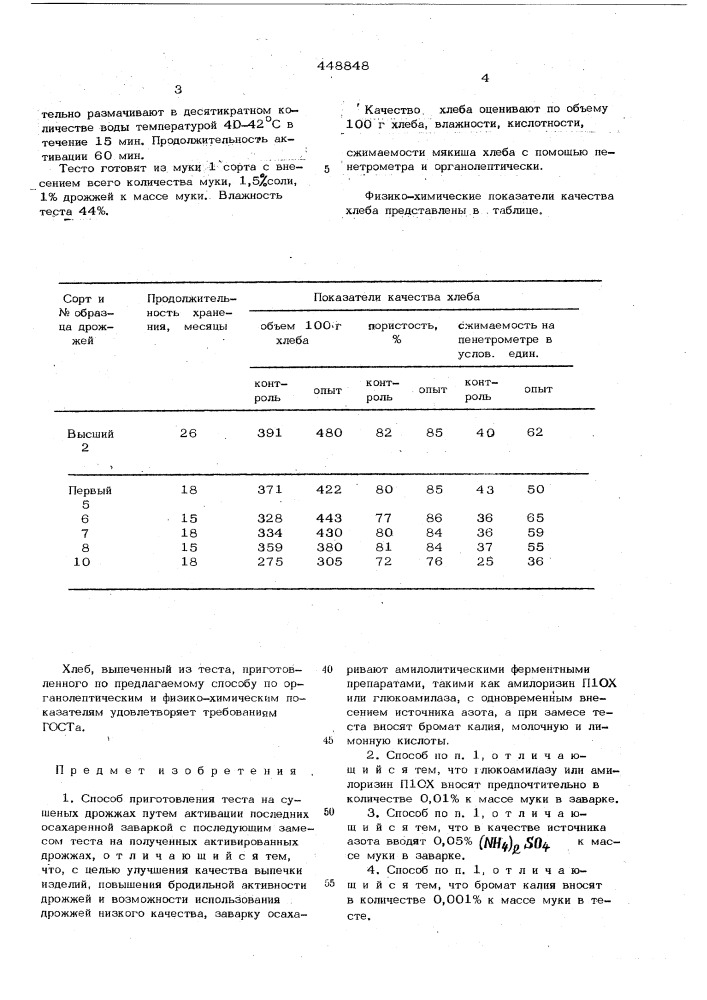 Способ приготовления теста на сушеных дрожжах (патент 448848)