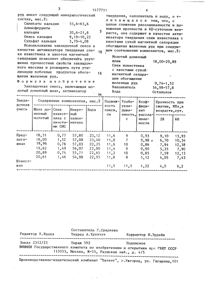 Закладочная смесь (патент 1477711)