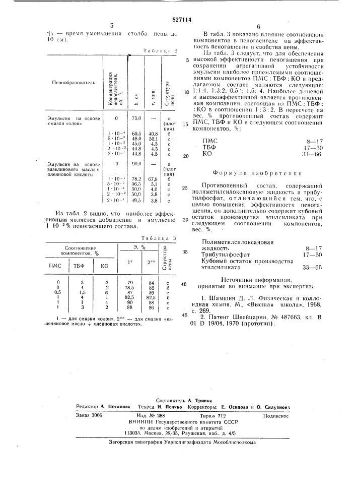 Противопенный состав (патент 827114)