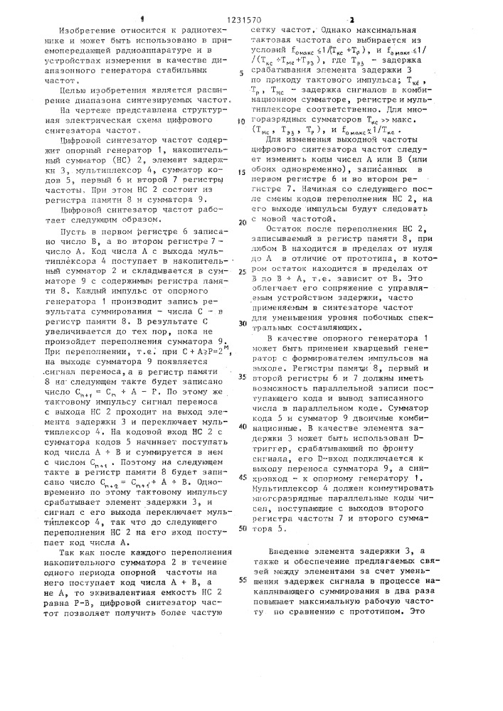 Цифровой синтезатор частот (патент 1231570)