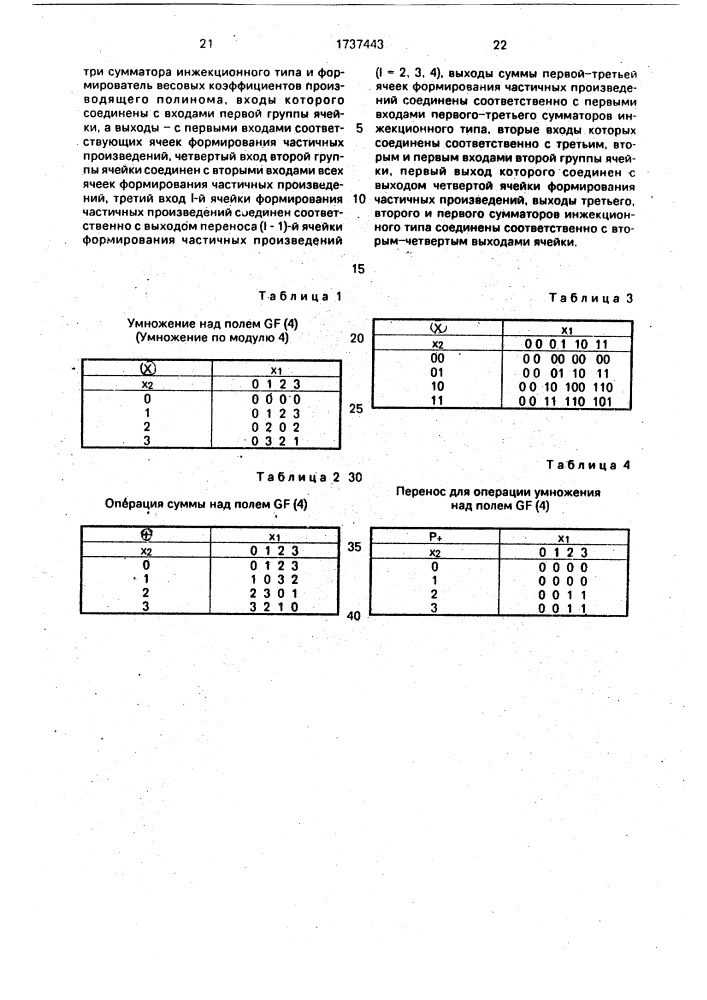 Четырехзначный умножитель элементов поля галуа gf(2 @ ) (патент 1737443)