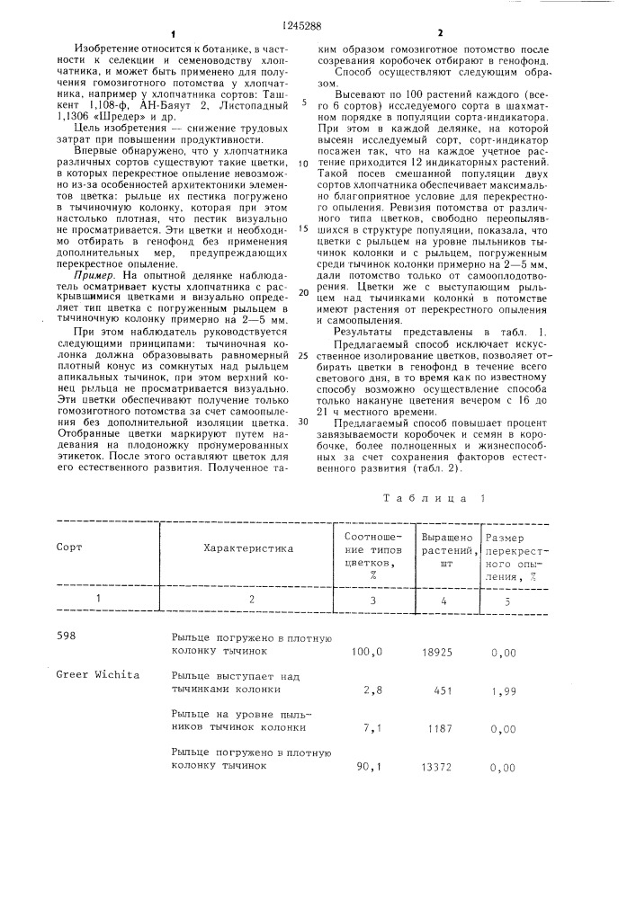 Способ получения гомозиготного потомства хлопчатника (патент 1245288)