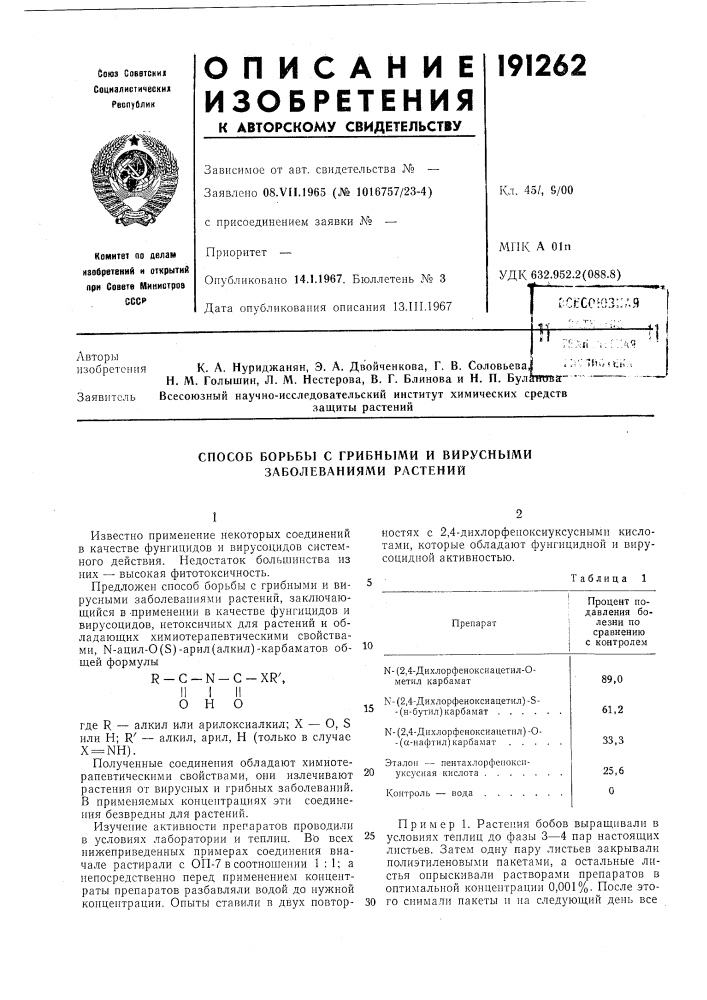 Способ борьбы с грибными и вирусными заболеваниями растений (патент 191262)