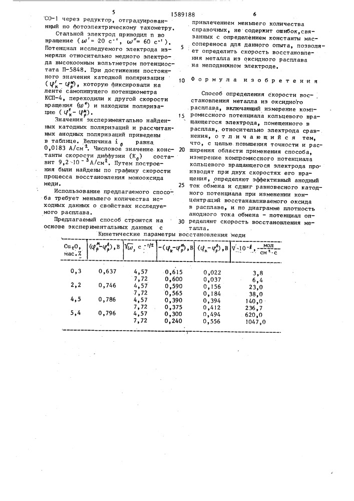 Способ определения скорости восстановления металла из оксидного расплава (патент 1589188)