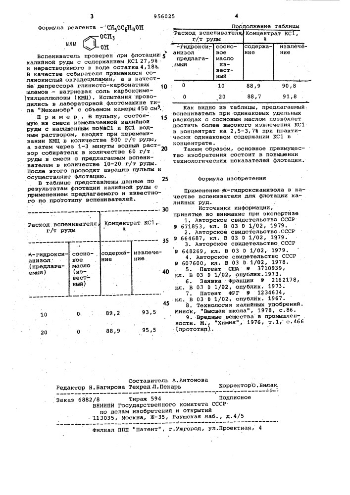 Вспениватель для флотации калийных руд (патент 956025)