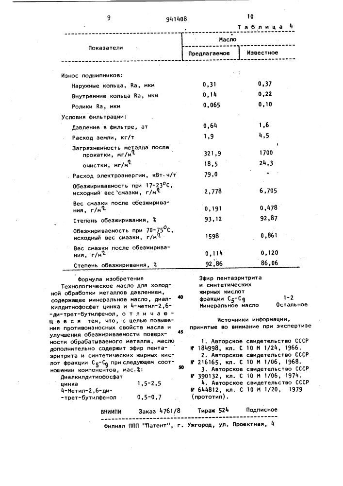 Технологическое масло для холодной обработки металлов давлением (патент 941408)