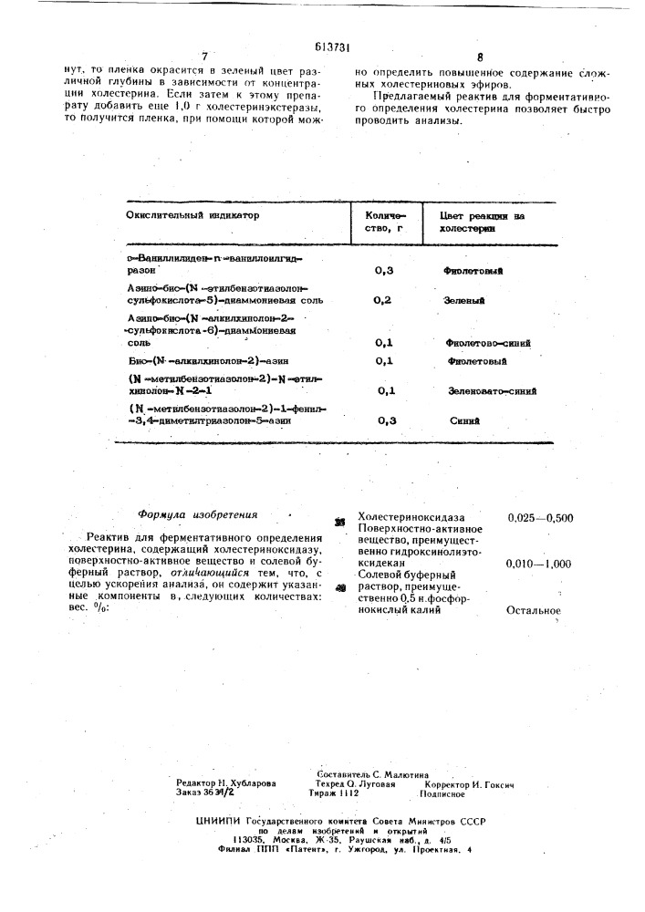 Реактив для ферментативного определения холестерина (патент 613731)