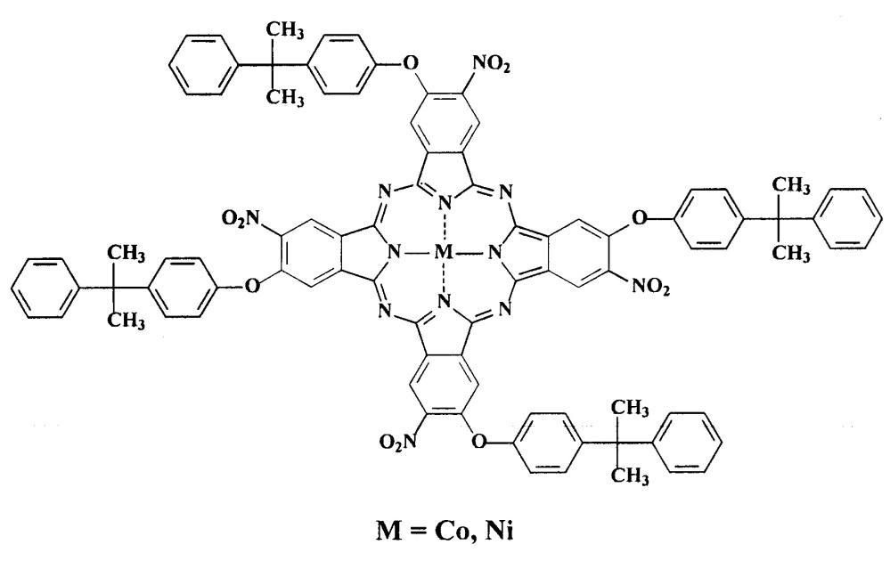 Тетра-4-[4-(1-метил-1-фенилэтил)фенокси]тетра-5-нитрофталоцианины кобальта и никеля (патент 2620270)