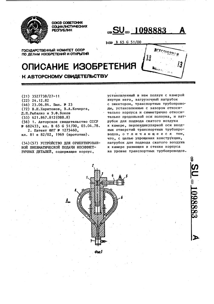 Устройство для ориентированной пневматической подачи несимметричных деталей (патент 1098883)