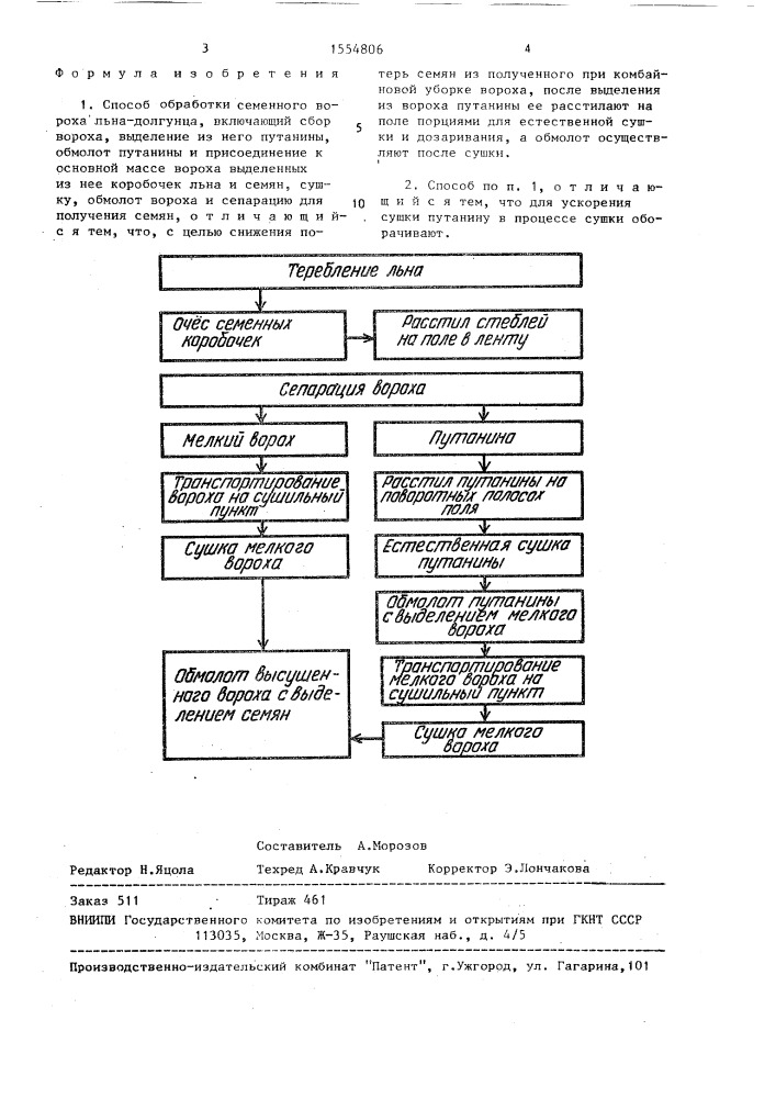 Способ обработки семенного вороха льна-долгунца (патент 1554806)