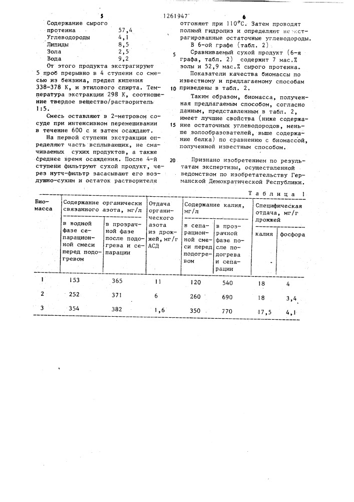 Способ получения биомассы дрожжей (патент 1261947)