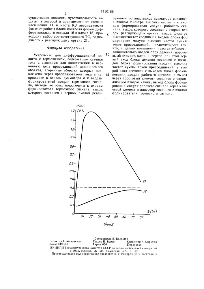 Устройство для дифференциальной защиты с торможением (патент 1410166)