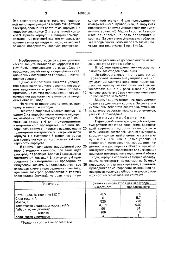 Переносной неполяризующийся медно-сульфатный электрод сравнения (патент 1696586)