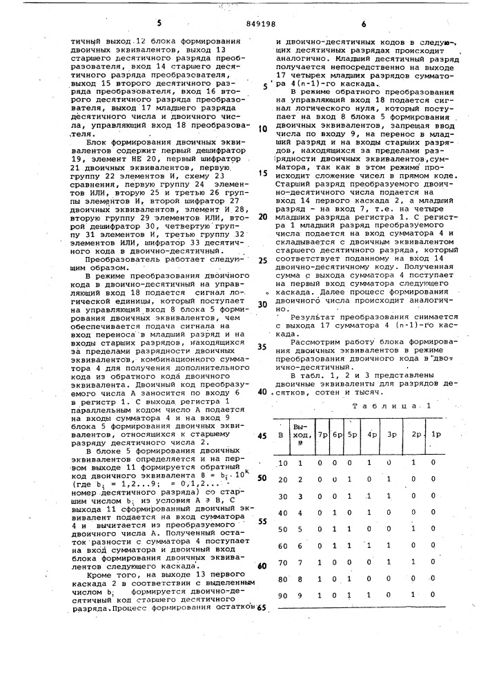 Реверсивный преобразовательдвоичного кода b двоично- десятичный (патент 849198)