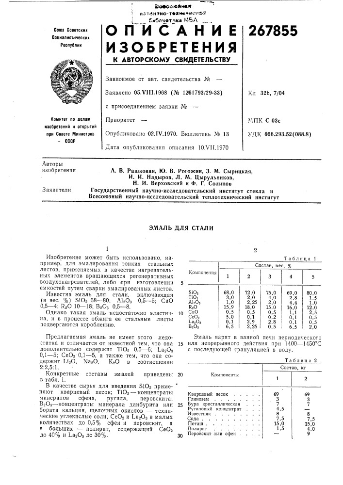 Эмаль для стали (патент 267855)