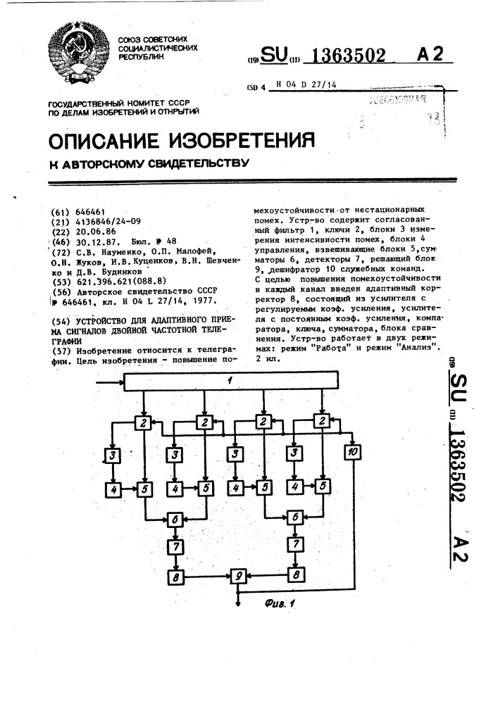 Устройство для адаптивного приема сигналов двойной частотной телеграфии (патент 1363502)