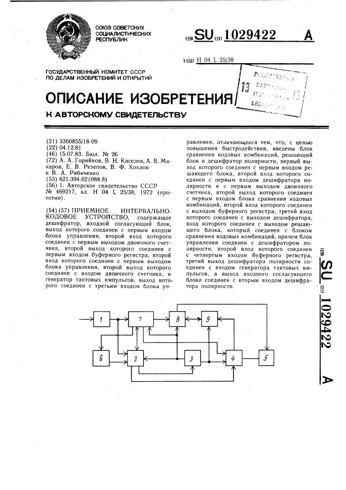 Приемное интервально-кодовое устройство (патент 1029422)