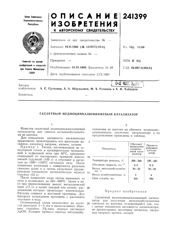 Скелетный медноцинкалюминиевый катализатор (патент 241399)