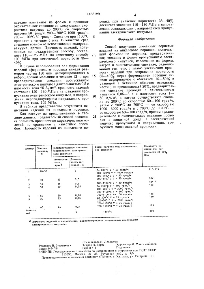 Способ получения спеченных пористых изделий из никелевого порошка (патент 1488129)