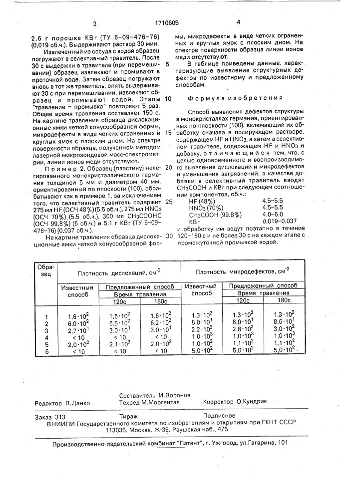 Способ выявления дефектов структуры в монокристаллах германия (патент 1710605)