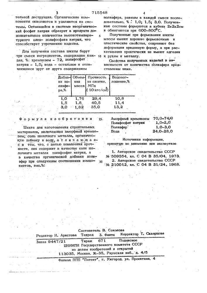 Шихта для изготовления строительных материалов (патент 715548)