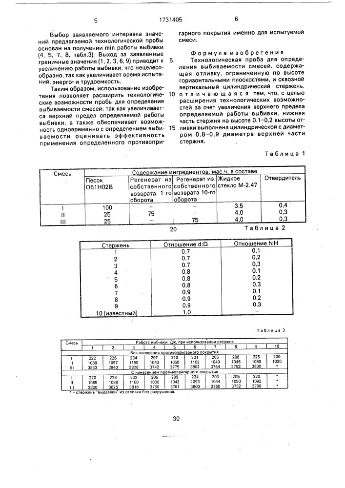 Технологическая проба для определения выбиваемости смесей (патент 1731405)