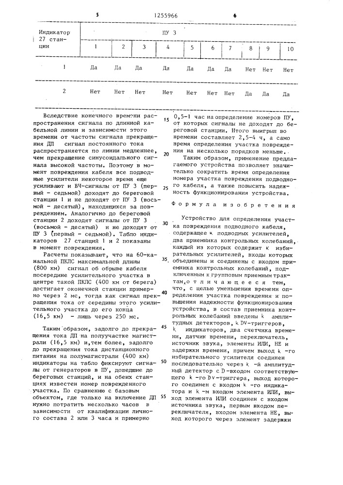 Устройство для определения участка повреждения подводного кабеля (патент 1255966)