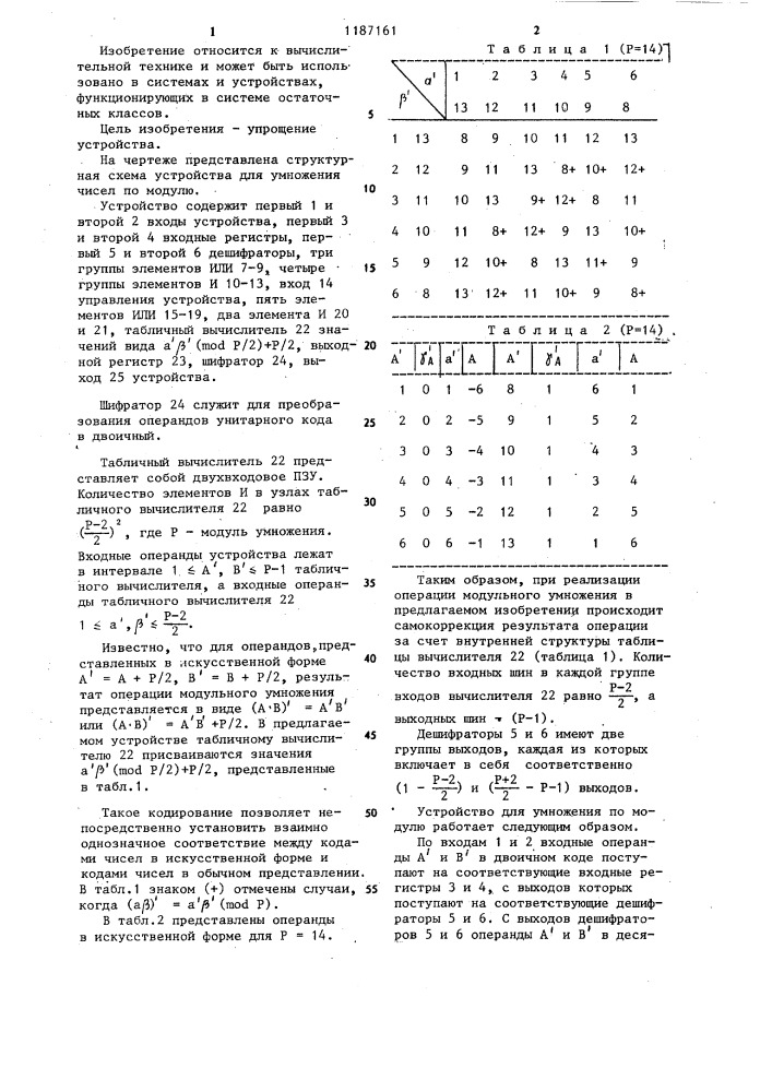 Устройство для умножения чисел по модулю (патент 1187161)