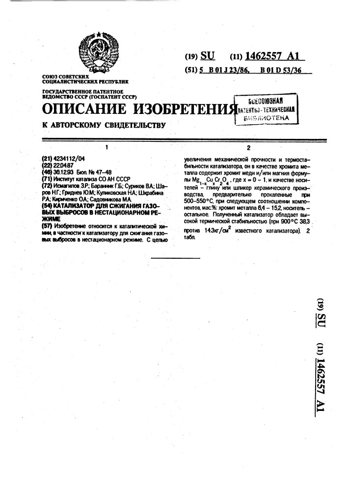 Катализатор для сжигания газовых выбросов в нестационарном режиме (патент 1462557)