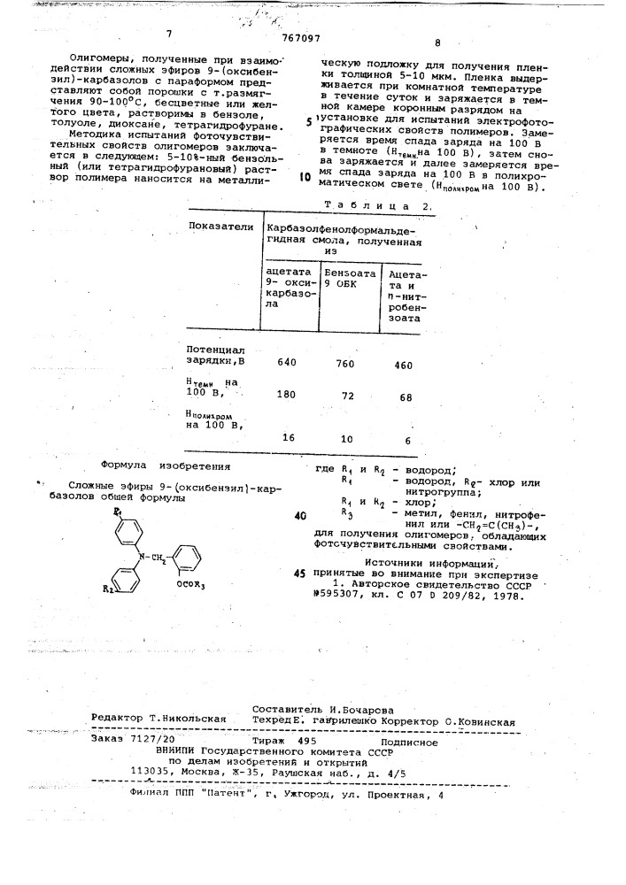 Сложные эфиры 9-/оксибензил/-карбазолов для получения олигомеров, обладающих фоточувствительными свойствами (патент 767097)