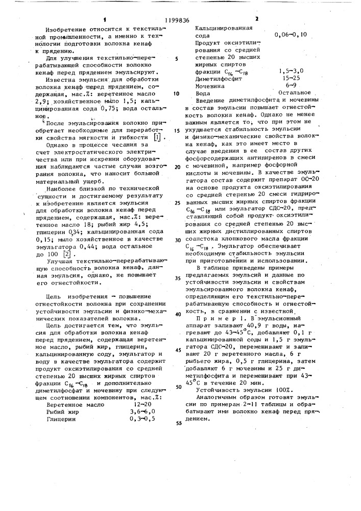 Эмульсия для обработки волокна кенаф перед прядением (патент 1199836)