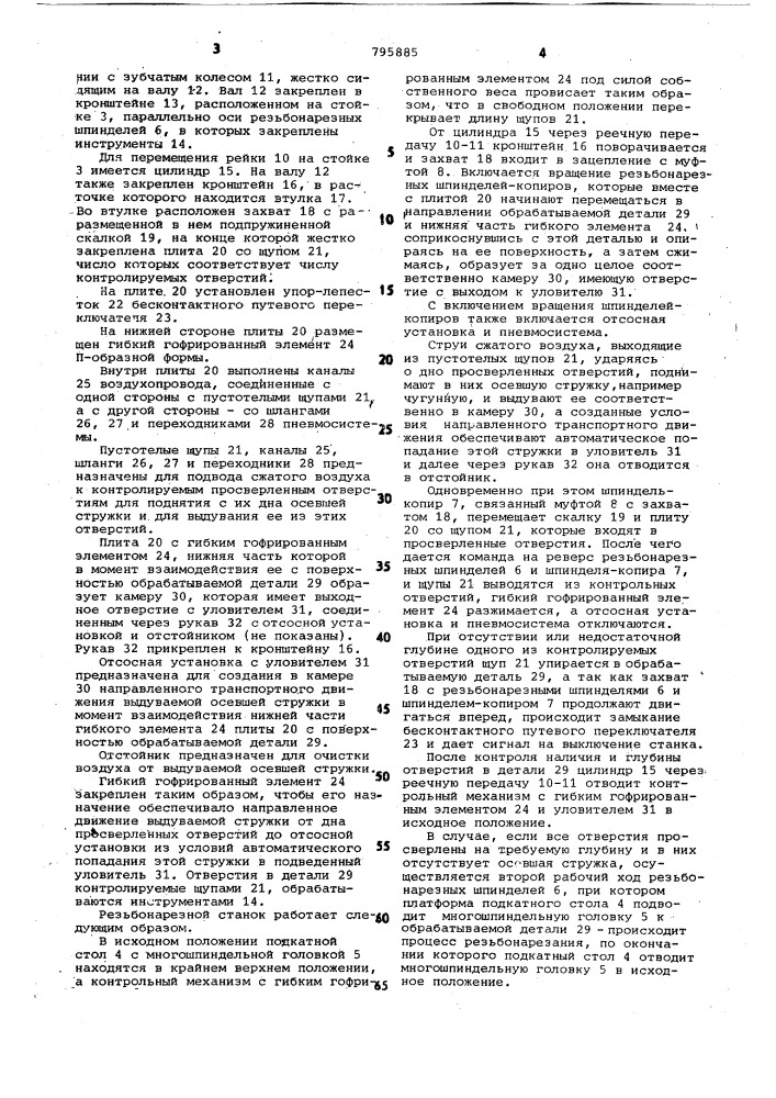 Устройство к многошпиндельному резь-бонарезному станку (патент 795885)