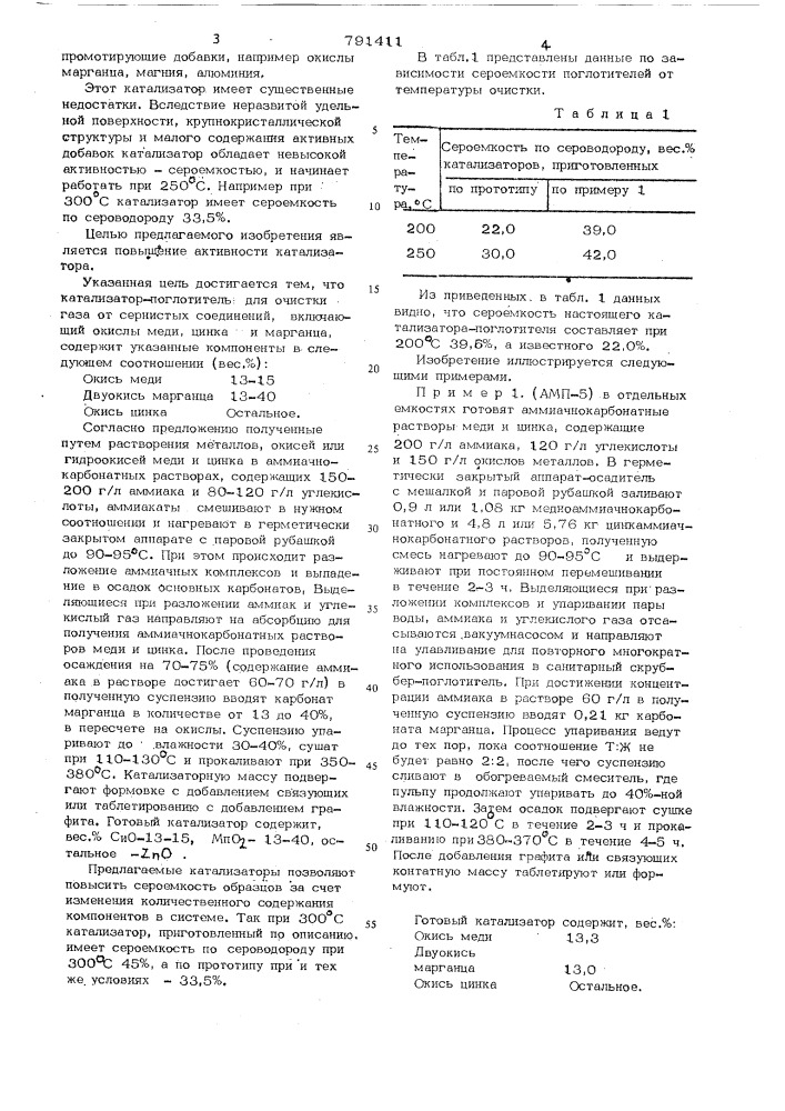 Катализатор-поглотитель для очистки газа от сернистых соединений (патент 791411)