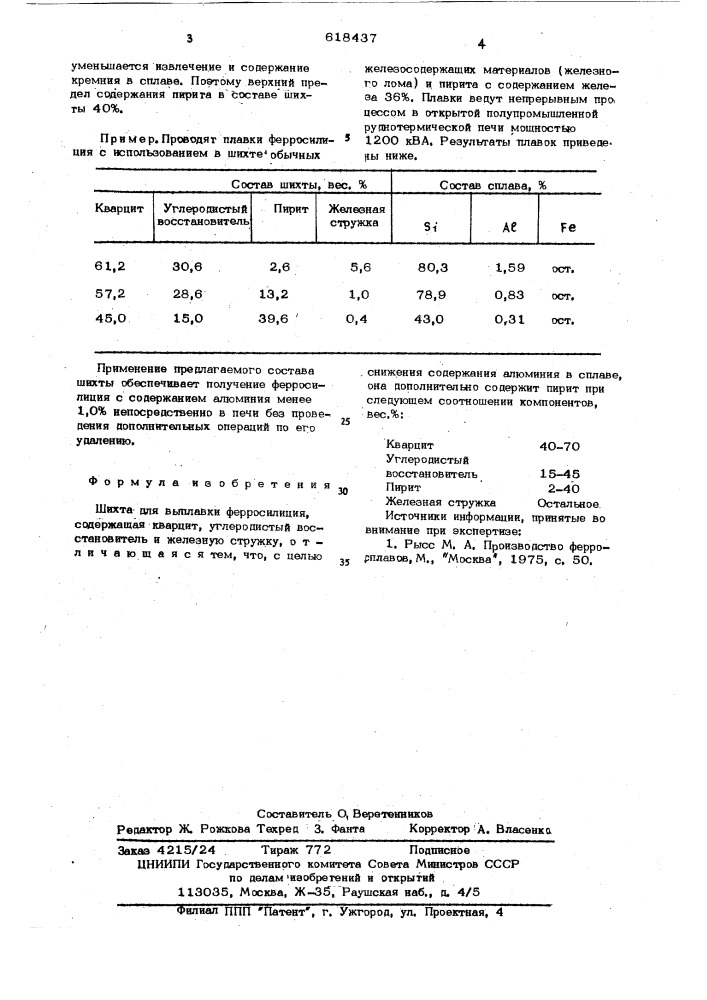 Шихта для выплавки ферросицилия (патент 618437)