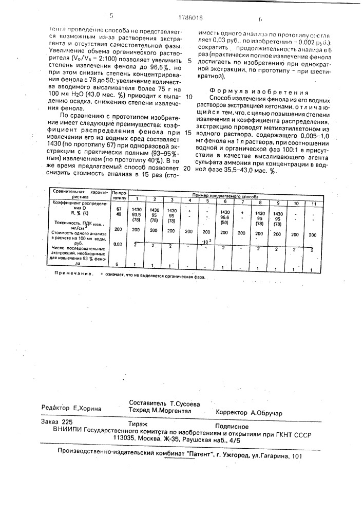 Способ извлечения фенола (патент 1786018)