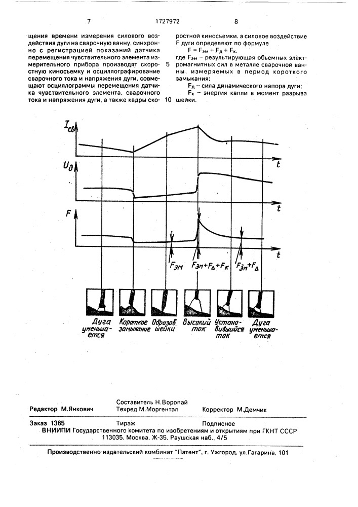 Способ измерения силового воздействия дуги на сварочную ванну при сварке плавящимся электродом (патент 1727972)