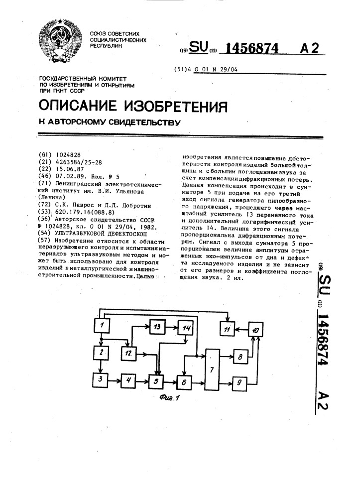 Ультразвуковой дефектоскоп (патент 1456874)