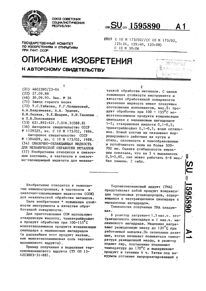 Смазочно-охлаждающая жидкость для механической обработки металлов (патент 1595890)