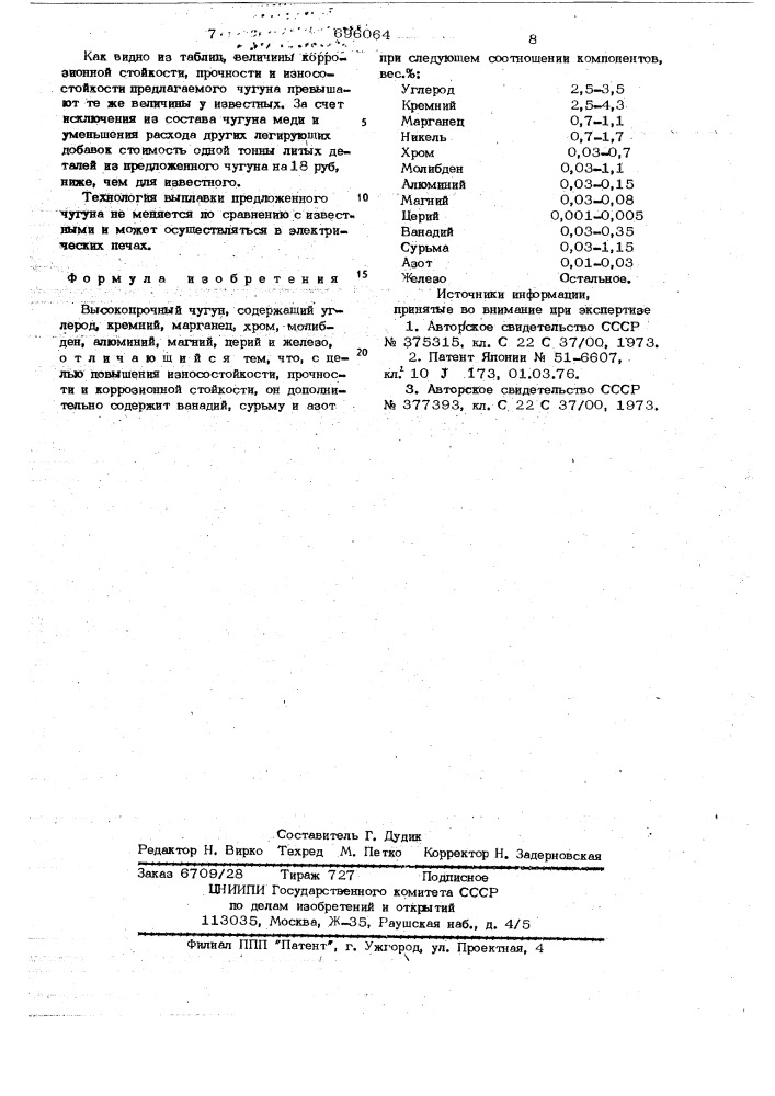 Высокопрочный чугун (патент 696064)